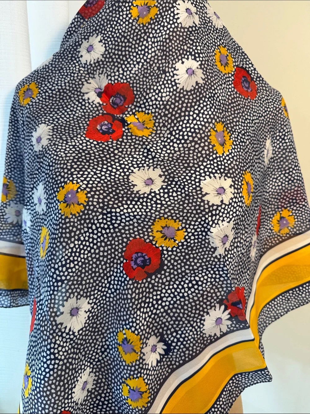 Navy, yellow, and red square poly floral scarf.